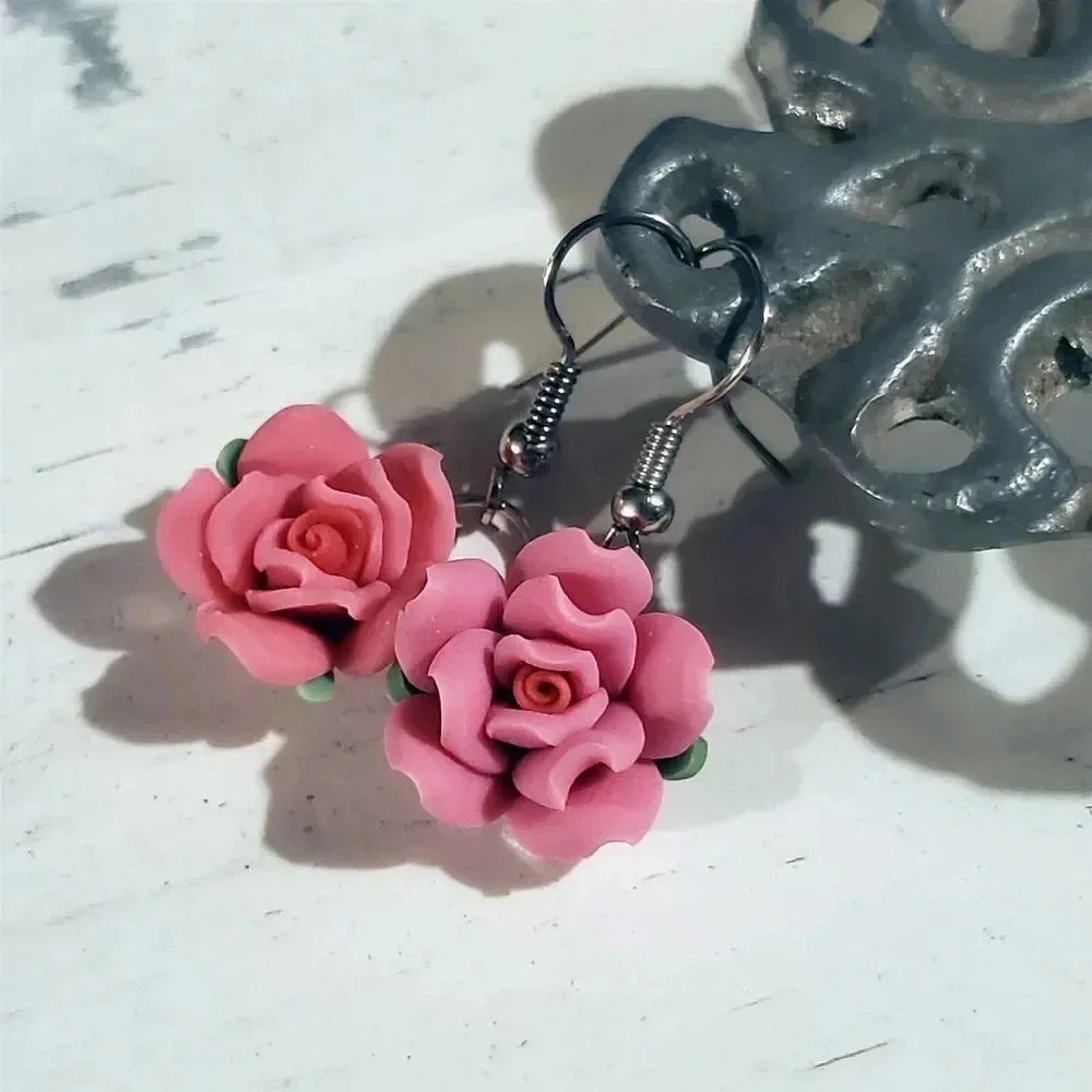 Hand Crafted Fimo Polymer Clay Pink Rose Flower Bead Dangle Earrings